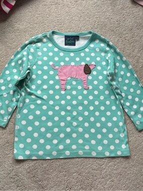 Mini Boden Mint Green Polka Dot Long-Sleeve Top with Pink Dog Appliqué size 5-6